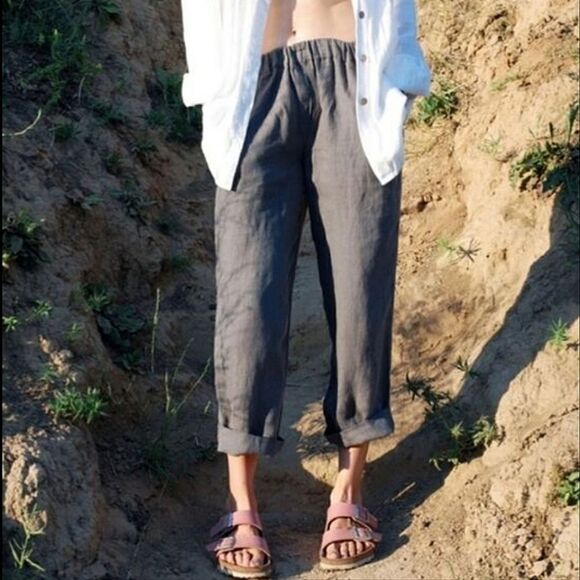 Manufacture De Lin 100% Linen Pants Pullon Cropped Minimalist Quiet Luxury - Picture 9 of 9